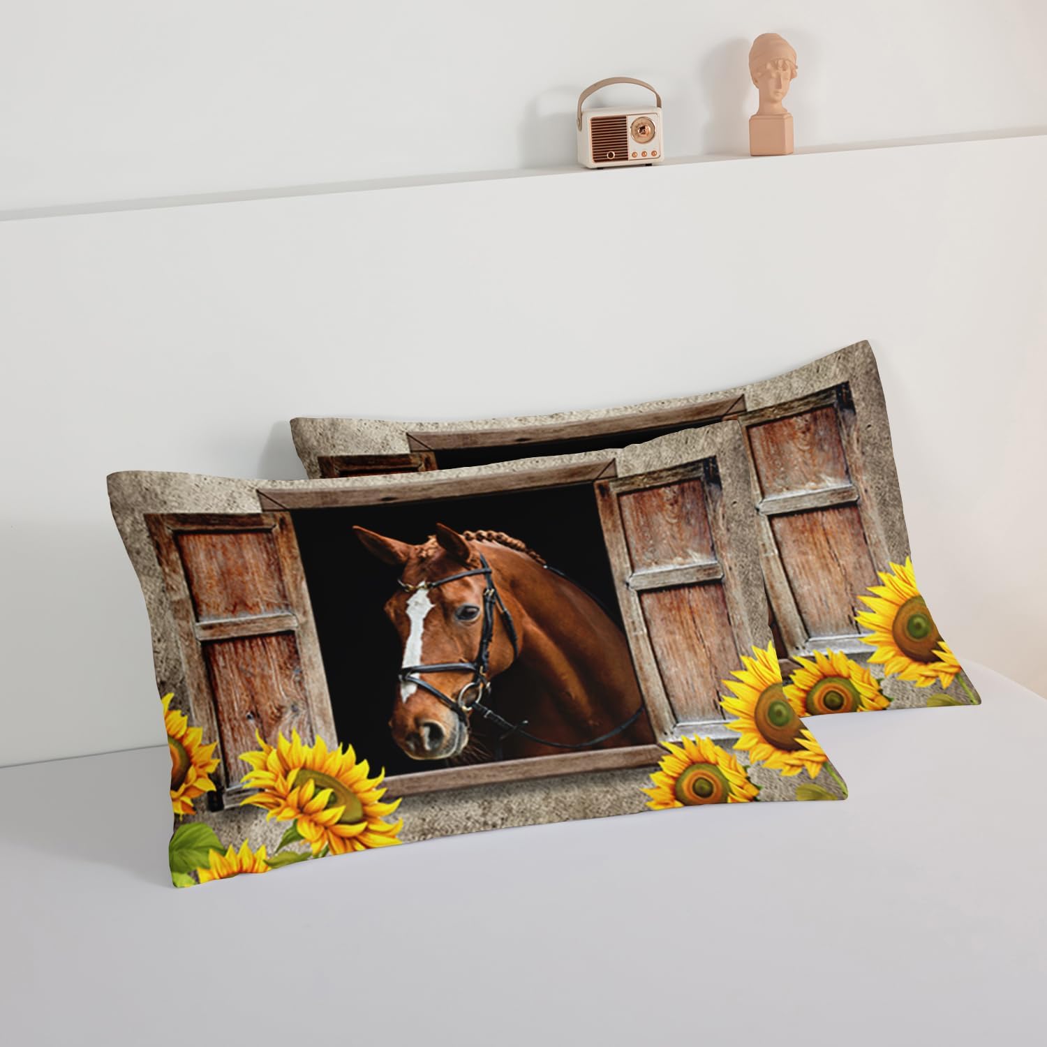 HOSIMA Farm Horse Comforter Set with 2 Pillowcases,Brown Wood Grain Print Twin Bed in a Bag Sets for Adults Teens Boys Girls Sunflower Animal Bedding Country Farmhouse Room Decor Aesthetic.