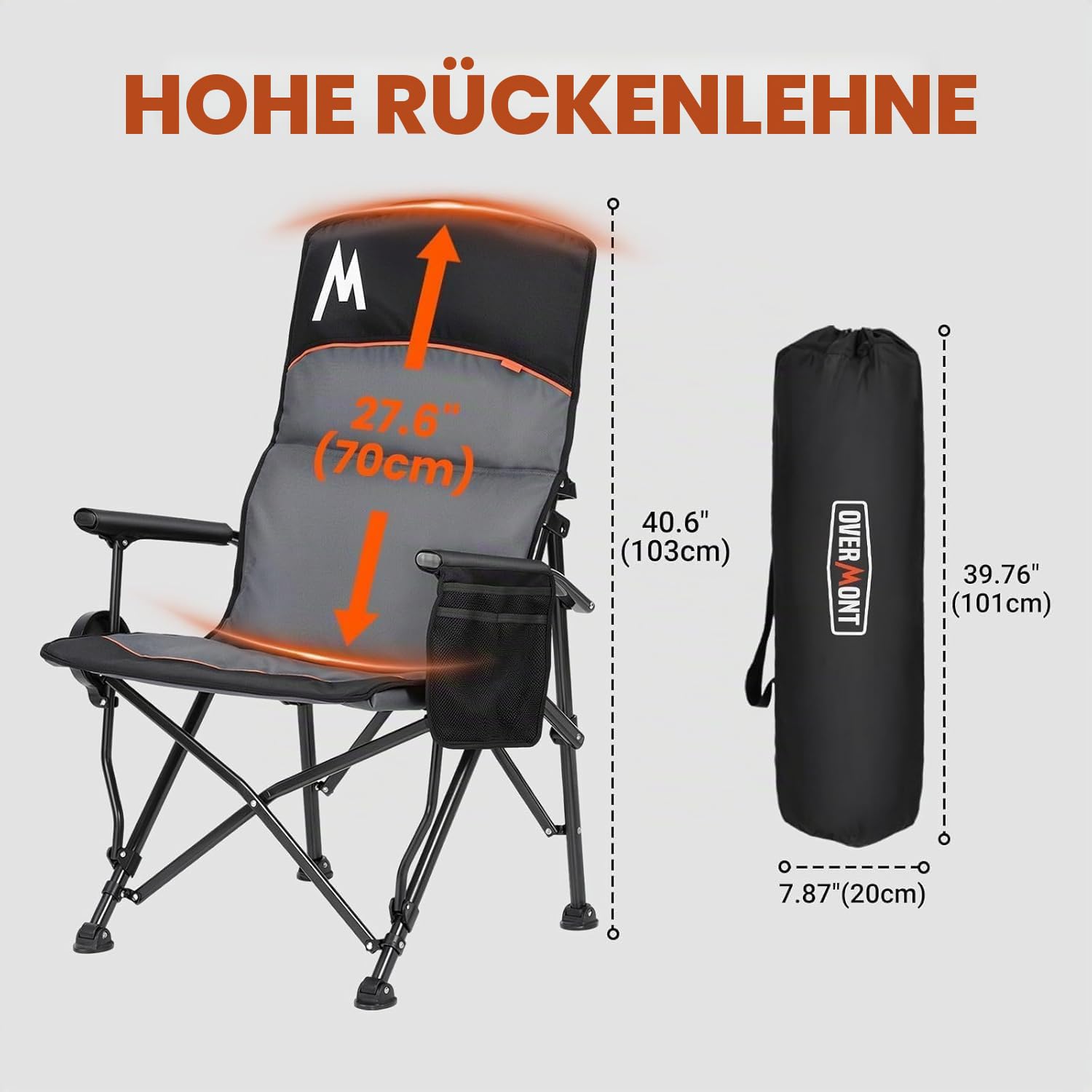 OVERMONT Campingstuhl Hochlehner Faltbar mit Kopfstütze - Klappstuhl Tragbar bis 226 KG - Gartenstuhl Klappbar mit Gepolstert Armlehnen - für Outdoor Wandern Picknick