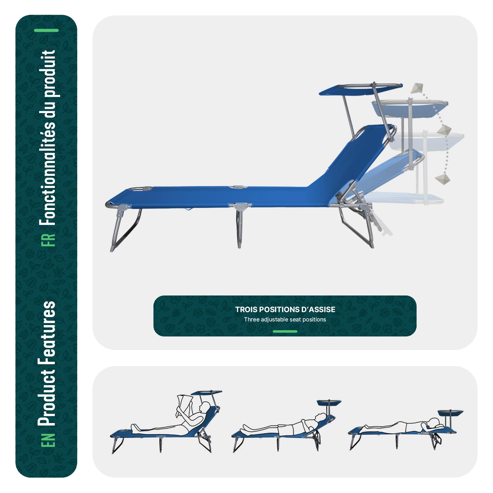 VOUNOT® Juego de 2 Tumbonas Plegable con Parasol Ajustable Tumbona Reclinable Jardín Exterior Respaldo Poliéster Regulable en 4 Posiciones Carga Máx. 120kg para Piscina Playa Terraza 190x58x27cm Azul