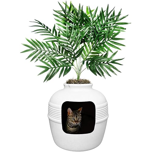 Good Pet Stuff Hidden Litter Box Planter, Decorative Cat Litter Enclosure with Carbon Filter, Artificial Plant, Easy Clean, Indoor Design, Original Round Style, Base Kit, White Birch