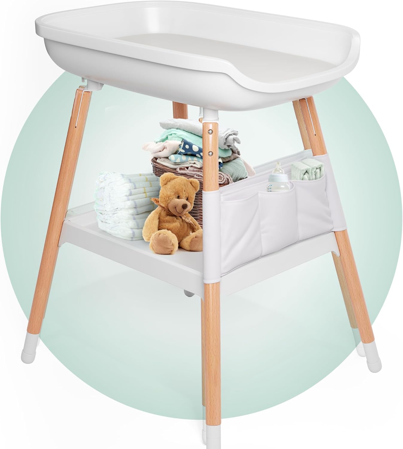 White and Beech Wood Diaper Changing Table with Storage