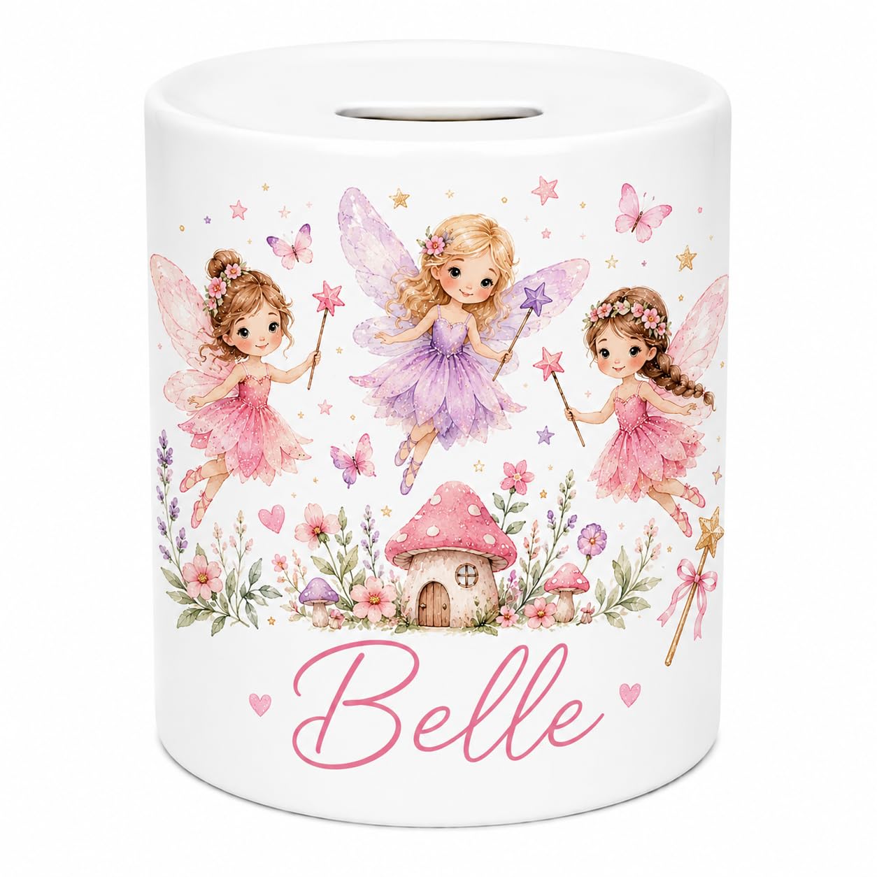 Personalised Fairy Ceramic Money Box – Custom Fairy Tale Coin Bank with Any Name – Pink Piggy Bank for Girls, Babies & Toddlers – Fairy Savings Pot Keepsake Gift