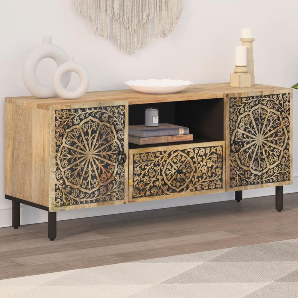 Szafka pod telewizor 105 x 33 x 46 cm z litego drewna mango, ręcznie rzeźbiony wzór, wytrzymały stół konsolowy z żelaznymi nogami, idealna do salonu, trwała, uniwersalna podstawka pod