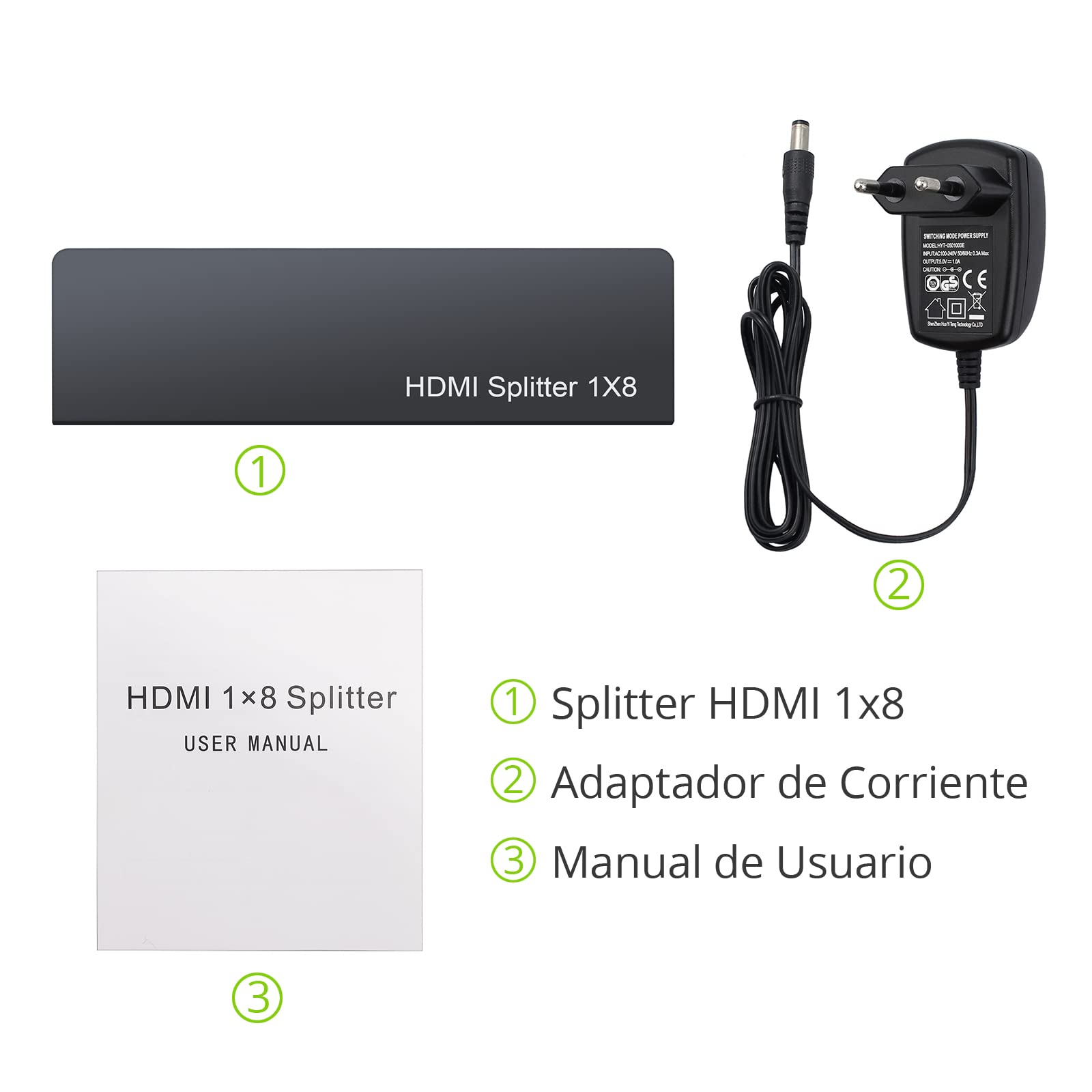LiNKFOR Splitter HDMI 1 Entrada 8 Salidas - Duplicador y Distribuidor 4K 30Hz Compatible con UHD 1080p 3D HDCP 1.2 - Adaptador de Corriente 5V 1A para Portátil PS3 Roku BLU-Ray HDTV