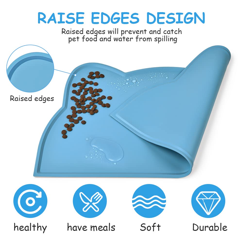 VSSHE Tappetino Ciotola Cani e Gatti in Silicone, 44 x 25 cm Tappetino per Ciotola di Cibo Antiscivolo, Tappetino Sottociotola per Animali Domestici, Evitare Fuoriuscite di Acqua o Cibo (Blu)