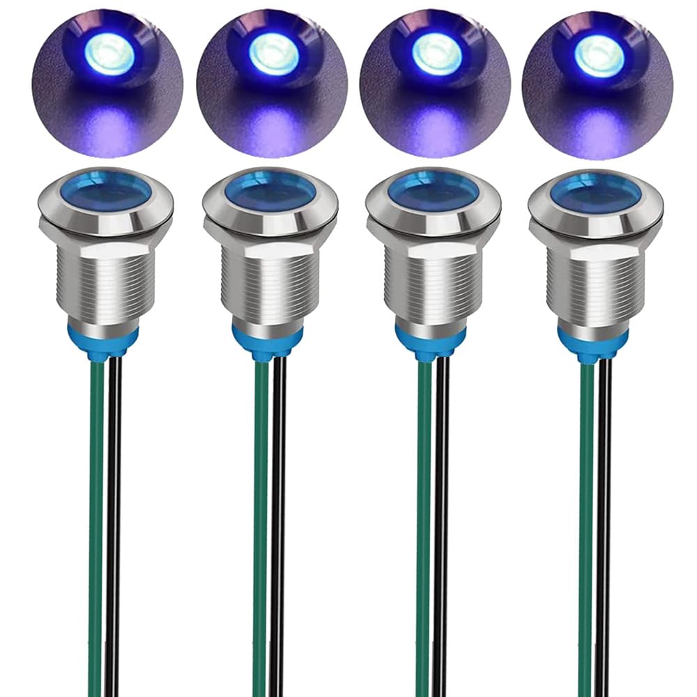 Gebildet 4pcs 12mm 3V-4.5V-5V-6V-7.5V-9V LED Indicatore Luminoso in Metallo Lampada di Segnalazione Impermeabile con Filo (Blu)
