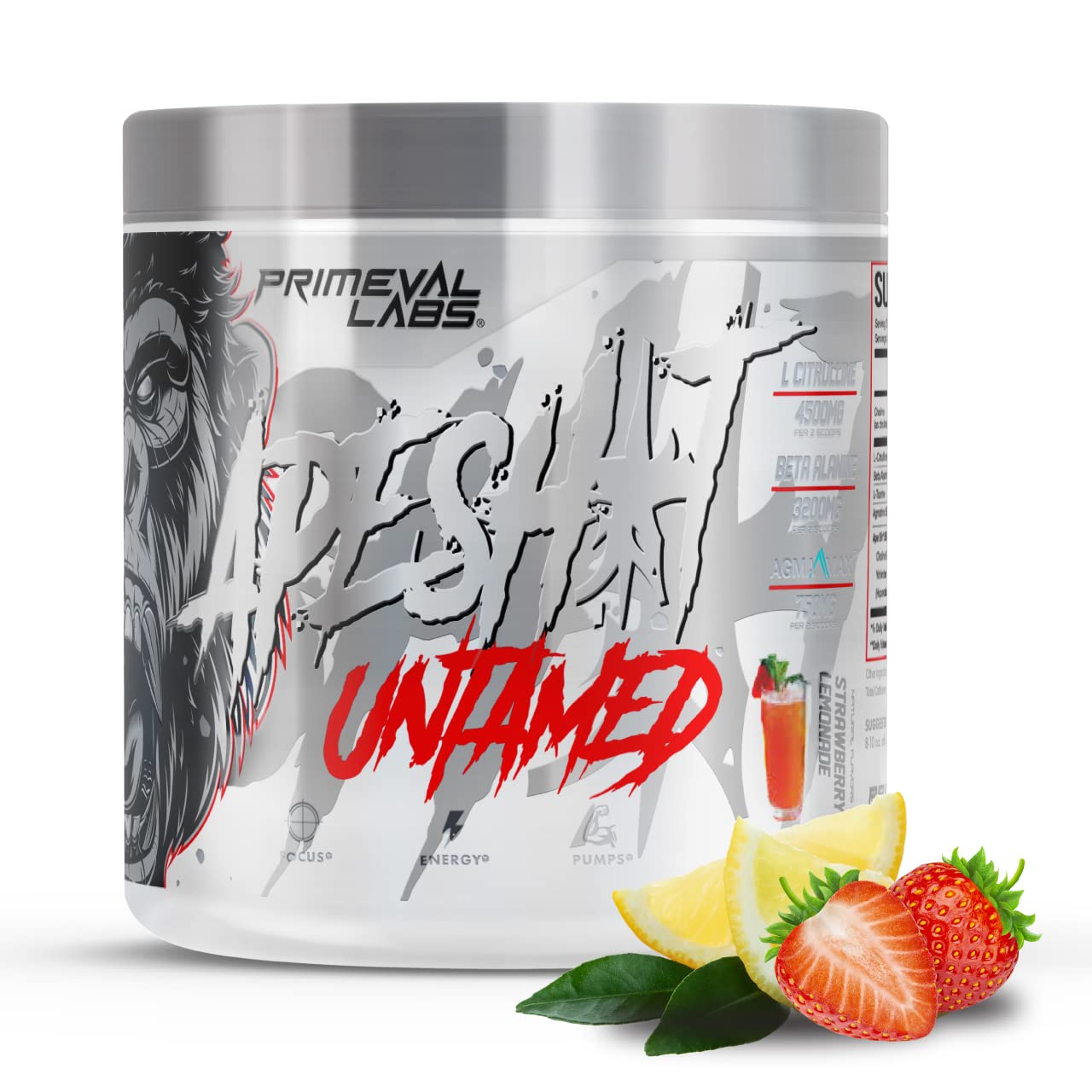 Primeval Labs Ape Untamed Pre Workout Energy Drink Powder, 40Servings Strawberry Lemonade, Max Support for Pumps & Focus, Increased Performance, Nitric Oxide Production with L-Citrulline, Beta Alanine