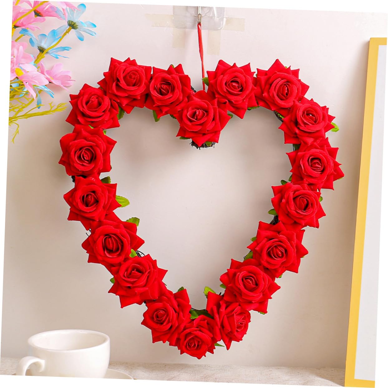 STOBAZA Guirnalda de Rosas Rojas Forma de Corazón para San Valentín para Puerta Principal Decoración Floral Romántica para Bodas y Fiestas de Parejas