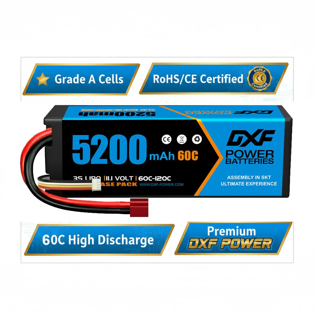 DXF Confezione da 2 confezioni da 3 batterie lipo 5200 mAh, 11,1 V, 60C, con spina Deans/T– lipo 3s perfetto per auto rc, aereo, elicottero, camion 3s lipo ideale per veicoli 1/8 e 1/10 come Tamiya