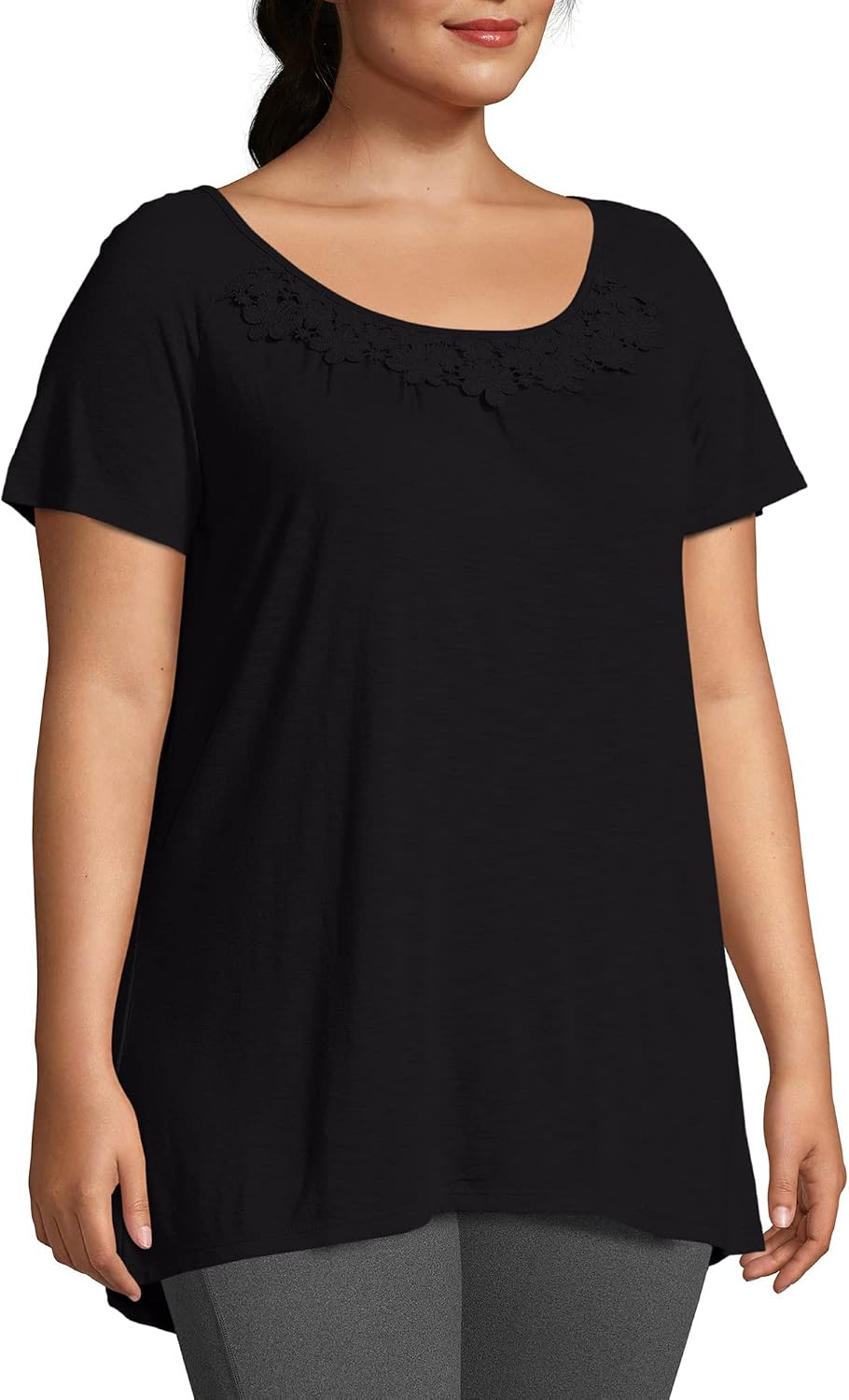 Just My Size Women's Shirt, Plus Size Short-Sleeve Slub Jersey Women's Tunic, JMS Short Sleve Shirt With Crochet Trim