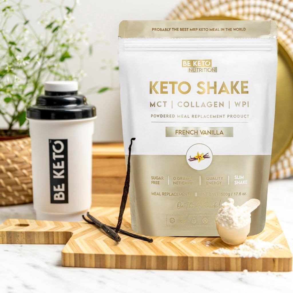 BeKeto Diet Shake Französisch Vanille 500g | Mahlzeitenersatz mit MCT-Öl & Kollagen | Nur 72 kcal, 13g Protein, 1,2g Kohlenhydrate | 25 Portionen | Low Carb Eiweißpulver zum Abnehmen | Ohne Zucker
