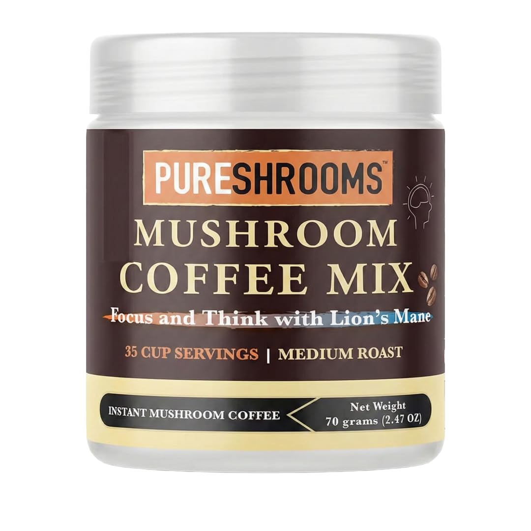 PureShrooms Café instantâneo em pó Focus & Think com extrato de cogumelo Juba-de-Leão e L-teanina 600 mg, 70 g, 35 porções