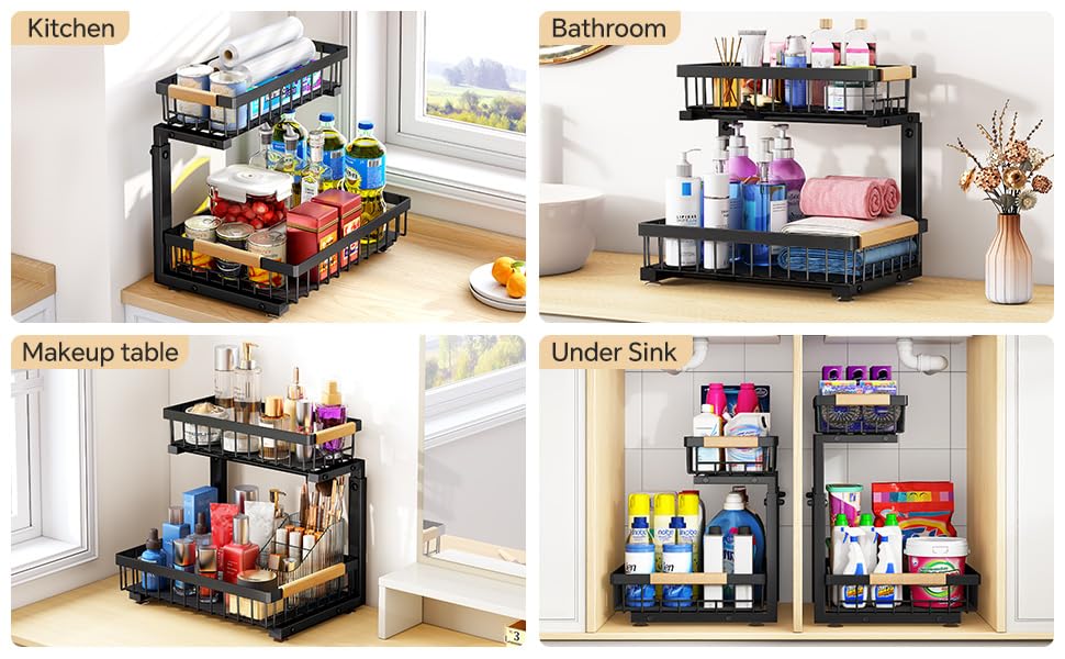 Image of PXRACK Under Sink Organizer, Adjustable Height, 2 Tier Pull Out Under Cabinet Organizer, Slide Out Thickened Metal Under Sink Storage for Kitchen Bathroom Laundry Pantry Cabinet, Black, Small-2-Pack