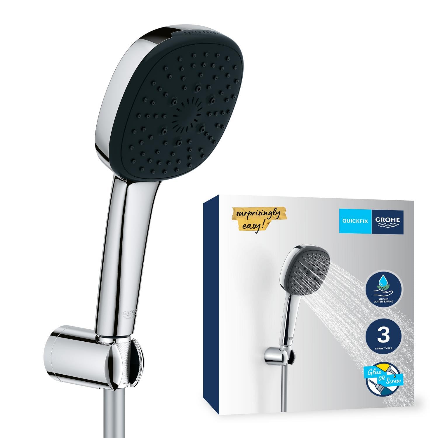 GROHE Vitalio Comfort 110 Set Supporto a Muro (3 getti Rain Jet Massage, supporto fisso, flessibile, SpeedClean anticalcare), Cromo, 26176001