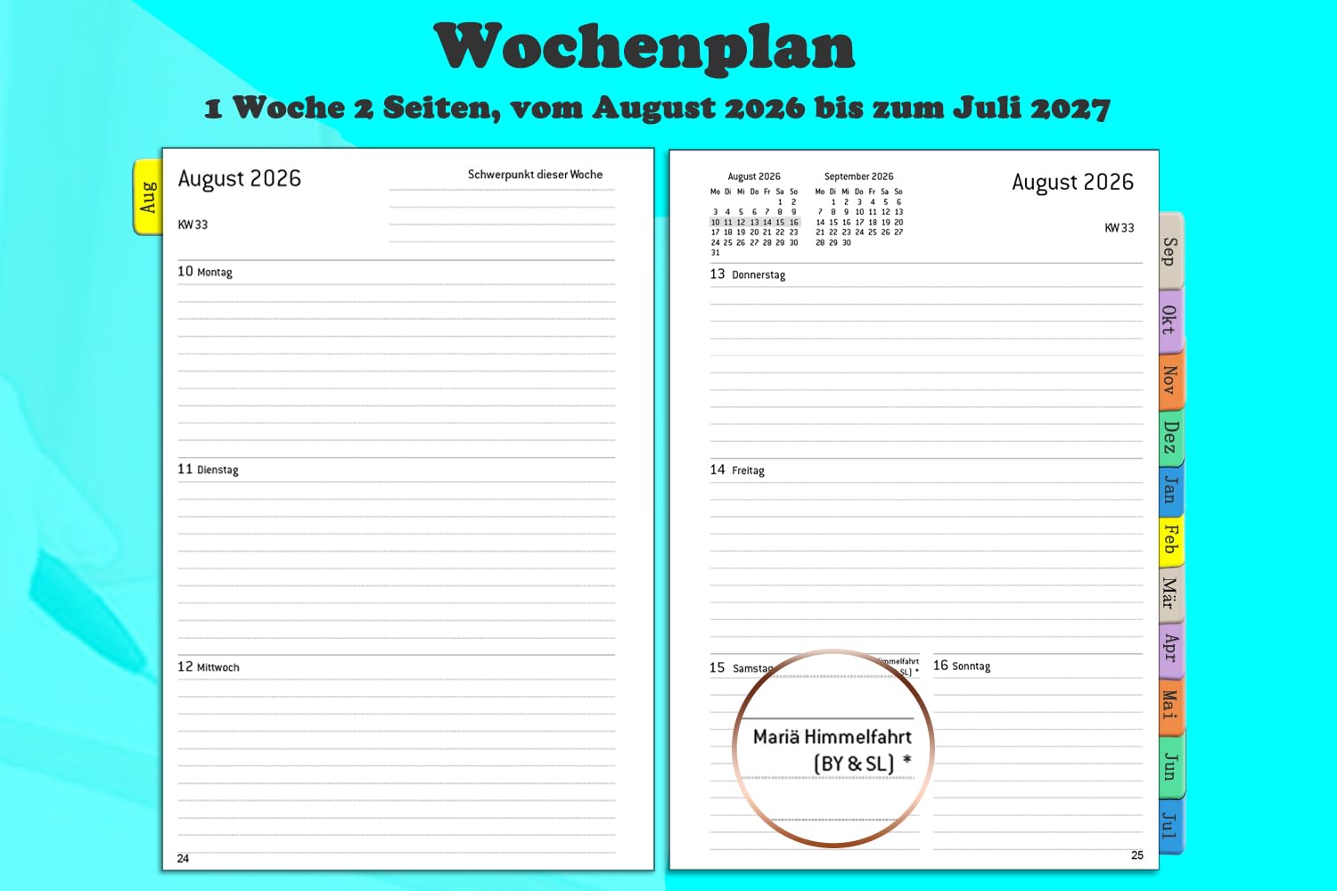 Kalender 2026 2027 A5, Wochenplaner/Terminplaner Ringbuch mit Tabs, Innentasche, Spiralbindung, Buchkalender 1 Woche 2 Seiten, Schülerkalender Studienplaner Hausaufgabenheft Planer 2026/27(Aug-Jul)