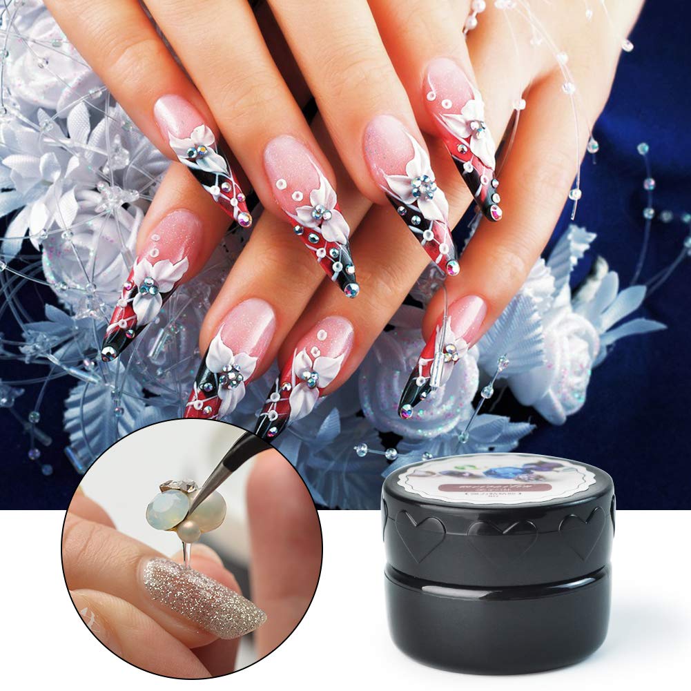 QIMYAR 2 Bottles Super Sticky Rhinestone Glue with 2 Boxes Mix-shape Nail Charms Studs + 2Pcs Painting Pen Adhesive Builder Tip Manicure Nail Art Decoration Clear UV Gel 8ml
