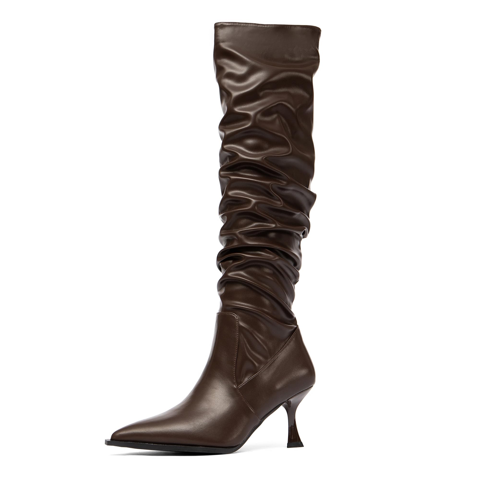 NEWBELLA Womens Knee High Boots - Vegan Leather Pointed Toe Kitten Heel Easy Slip-On Stretch Tall Boots for