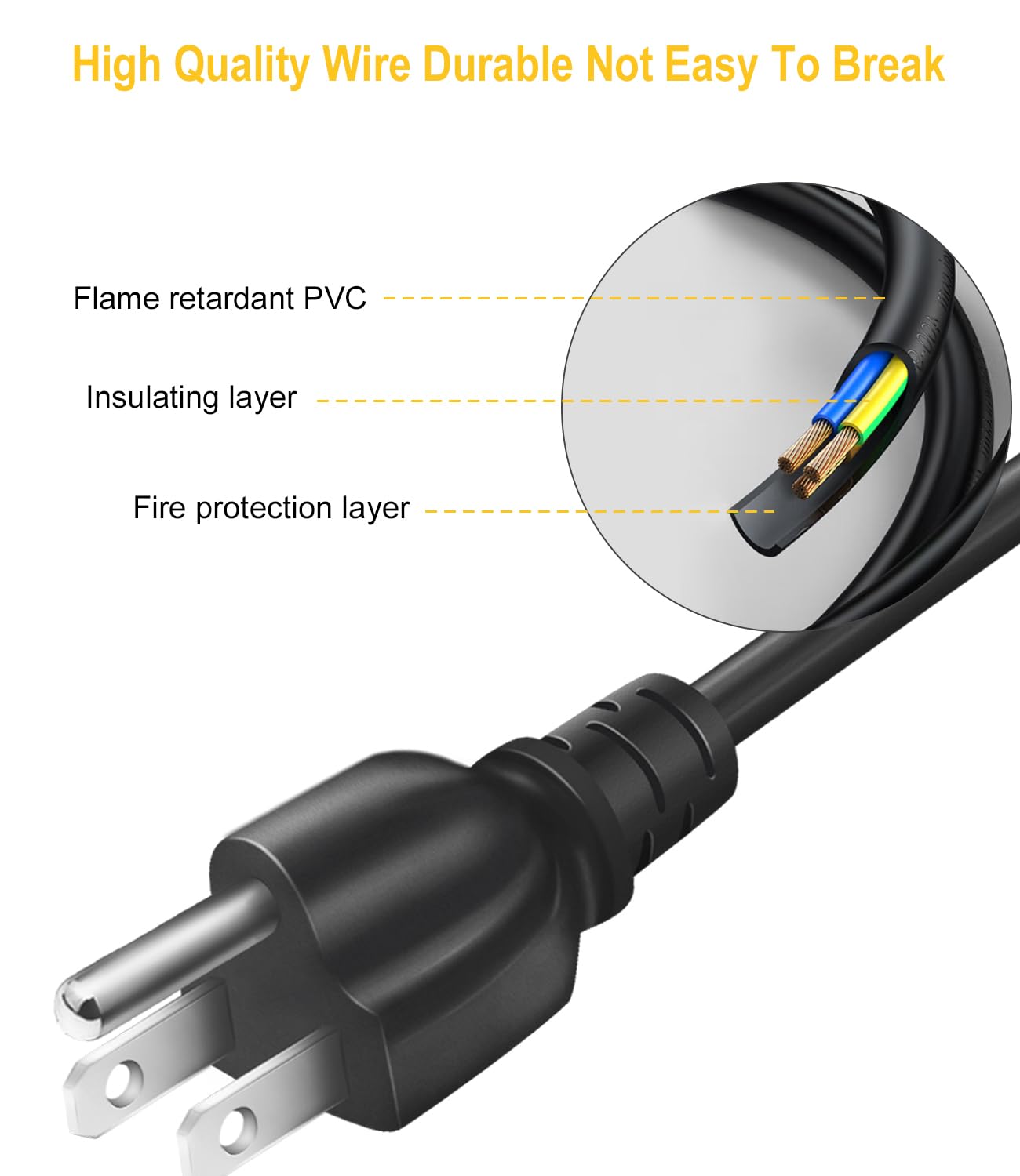 6 Ft 3-Prong Extension Power Cord - IEC C13 Connector - For Monitors, TVs, PCs