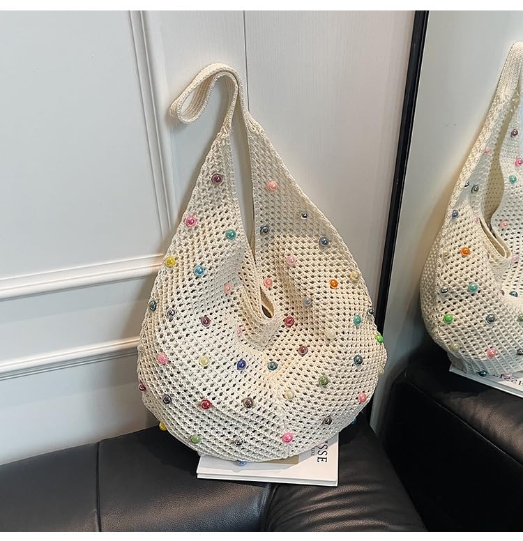 Image of Boho Crochet Beach Tote Shoulder Bag with Colored Beads | Colorful Aesthetic Hippie Knit Bag for Women