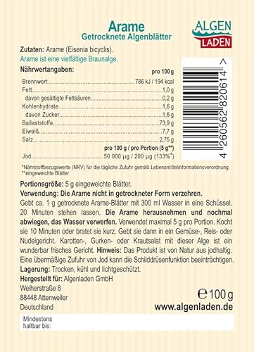 ALGENLADEN Arame Blätter - 100g | Algen aus Japan | Rohkost | Vegan | Low-Carb | asiatisch kochen