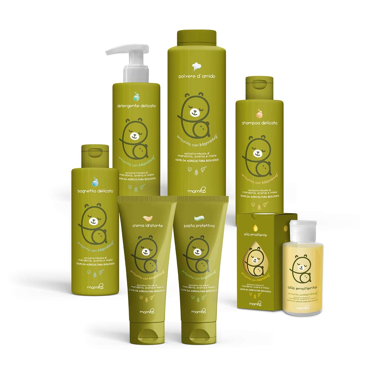 Mamila Set Completo per la Cura del Bambino, 7 Prodotti Essenziali MamiHug, Include Shampoo, Bagnetto, Detergente, Pasta Protettiva, Crema Idratante, Polvere d'Amido, Olio Emolliente