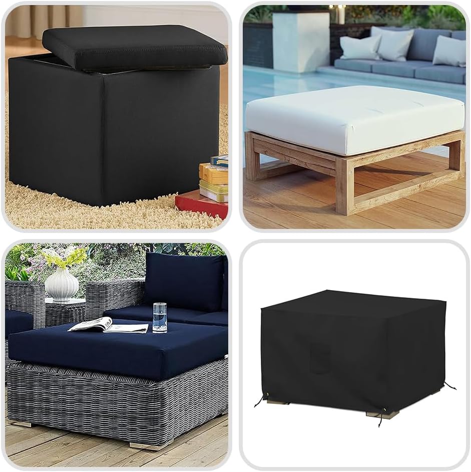 Covers & All Square Ottoman Cover, 12 Oz Waterproof UV & Weather Resistant Patio Garden Furniture Stool Protector Indoor Outdoor with Air Vents & Drawstrings (23" L x 23" W x 18" H, Black)