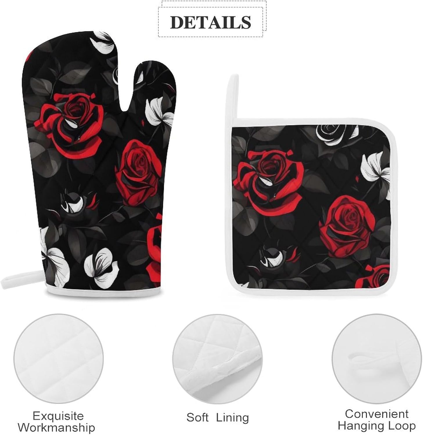 Oven Mitts Pot Holders Kitchen Black White and Red Roses Heat Resistant Oven Glove for Baking and Cooking