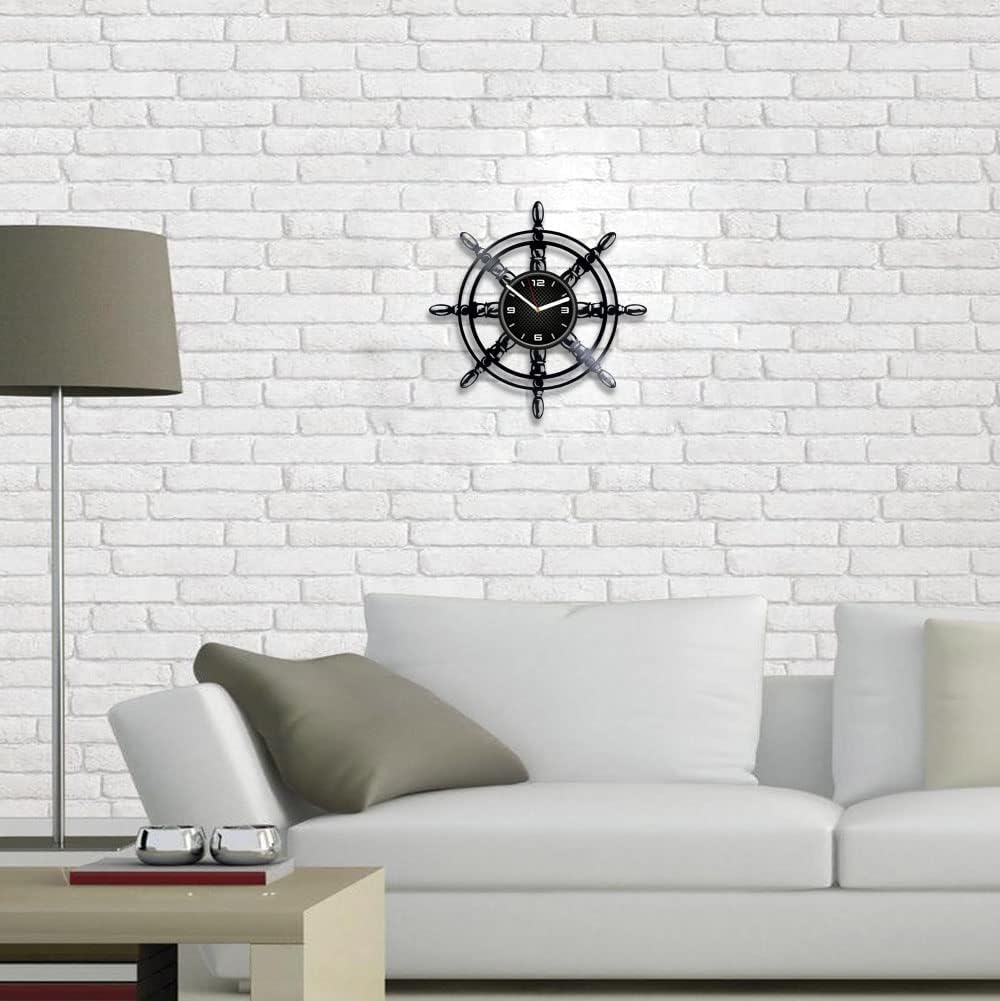 Steering Wheel Wall Decor - Sea Waves Home Decor Idea for Man - Vinyl Record Wall Clock 12 Inch - Handmade Gift for Woman