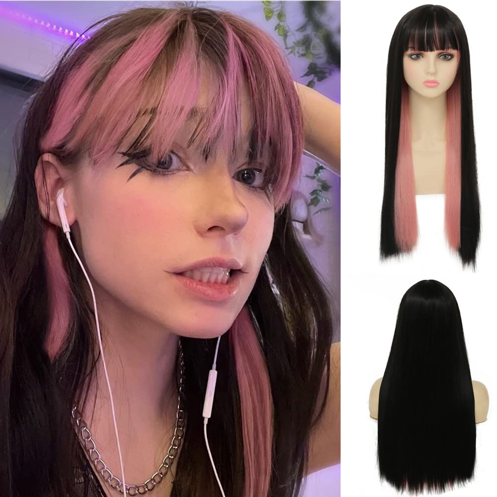 ?14” María Black & PINK Cosplay WIG *NWT* LM Black And Rose Straight Hair Wig Synthetic Long Wavy Wigs  main image 3