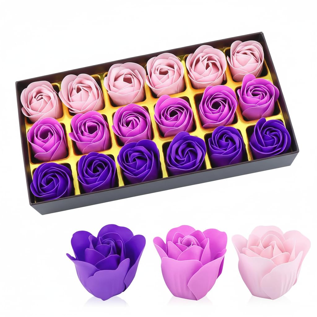 MAKINGTEC Floral Scented Bath Soap Rose Flower Petals, Plant Essential Oil Rose Soap Set, Best Gifts Ideas for Her Women Girls Mom Birthdays, Artificial Faux Flowers 18 PCS Purple