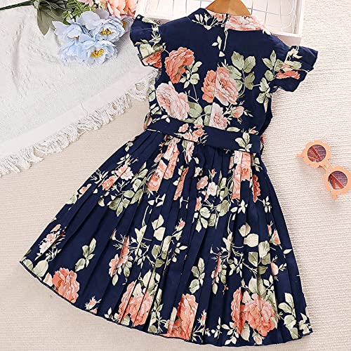 Vestido para meninas com manga mosca, estampa de flores, vestido de festa, vestido de verão e praia,