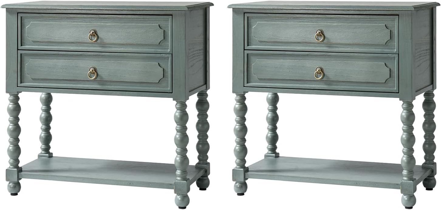 HULALA HOME Farmhouse Storage End Table Set of 2 with 2 Drawers and Open Shelf, Solid Wood Side Table with Spindle Legs, End Table with Charging Station (Blue)