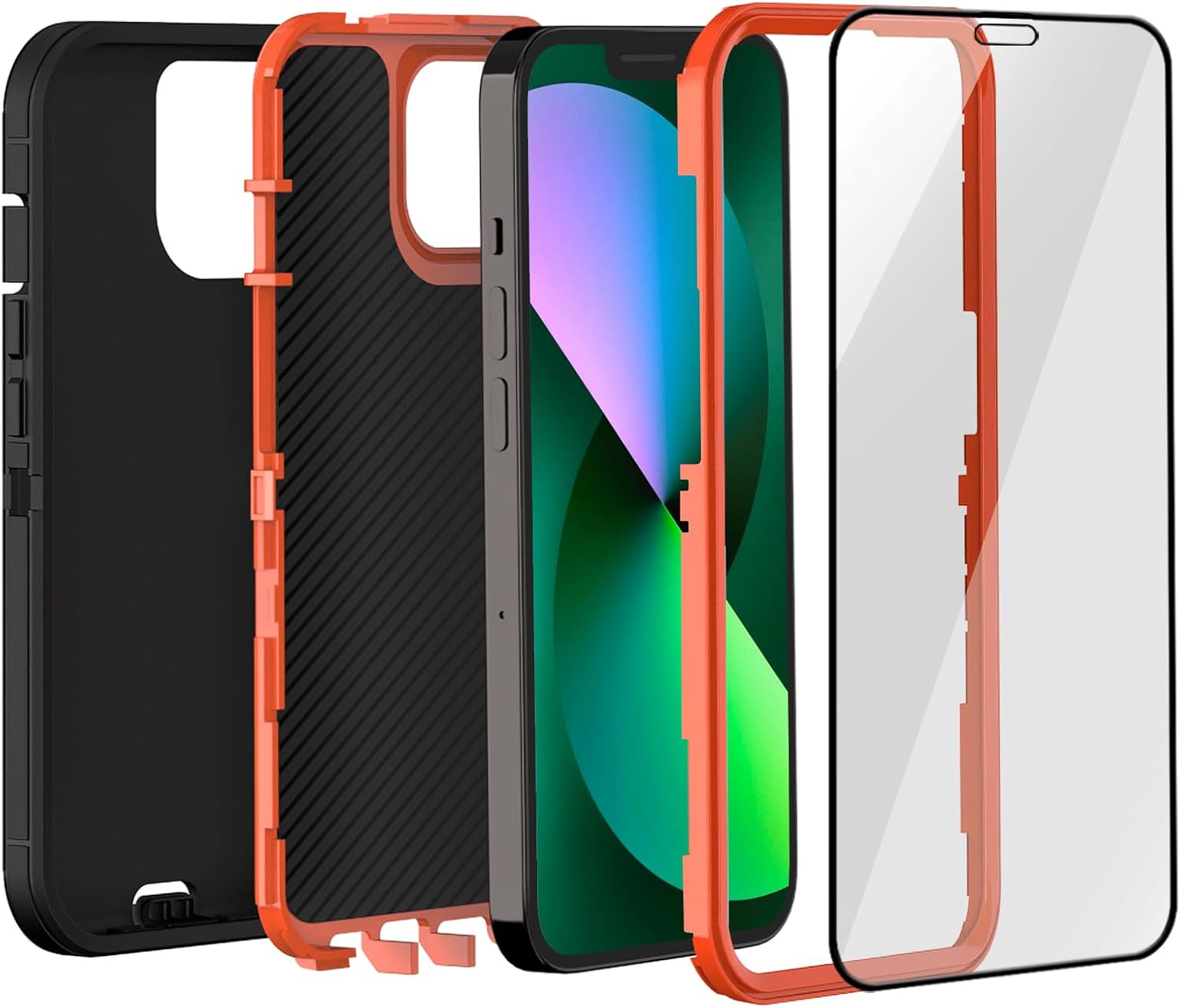 FEIYAR HOME Designed for iPhone 13&14 Heavy-Duty Case, Military-Grade Shockproof Protection, Includes 2 Tempered Glass Screen Protectors - Black Orange - Image 2