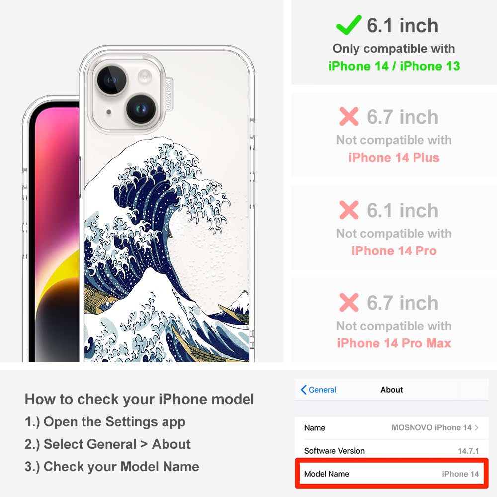 MOSNOVO Case for iPhone 13/14, [Buffertech 6.6ft Military-Grade Drop Protection] [Anti Peel Off Tech] Clear TPU Bumper Phone Case Cover Design - Great Wave - 3