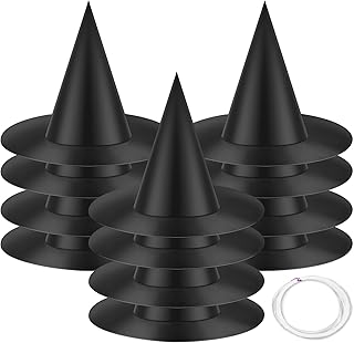 12 Pieces Halloween Hanging Witch Hats Decorations - Floating Black Witches Wizard Hats Bulk Cap Cosplay Costume Accessory with 100 Yards Hanging Rope for Women Kids Outdoor Garden Yard Porch Decor