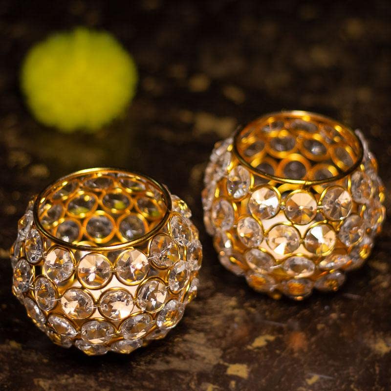 Next in Crafts Gold Plated Crystal Candle Holder Tea Light Stand Votive- Decorative Tealight Holders for Home Office Living Room Indoor Garden Dining Centerpiece Decoration (Pack of 2)