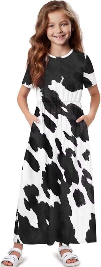 Animal Print Girls Dress Long Maxi Dresses Casual Short Sleeve Summer Sundress with Pockets