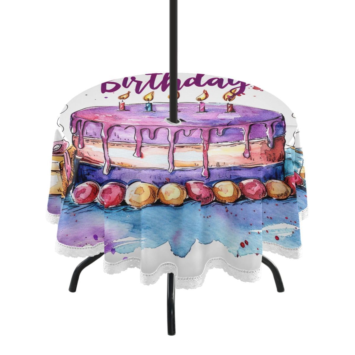 Nander Cartoon Birthday Cake Outdoor Tablecloth 60In,Waterproof with Zipper Umbrella Hole Patio Round Table Cloths for Backyard Parties Picnic BBQs