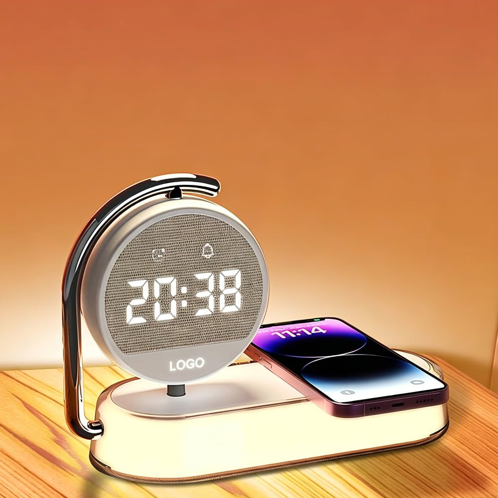IHAO 4in1 Multifunctional Smart Alarm Clock with Wireless Charging Bright Adjustable Night Light 15W Fast Charger for Phone &amp; Earbuds, 3 Group Alarms, Touch Control for Bedside Table-W001 White