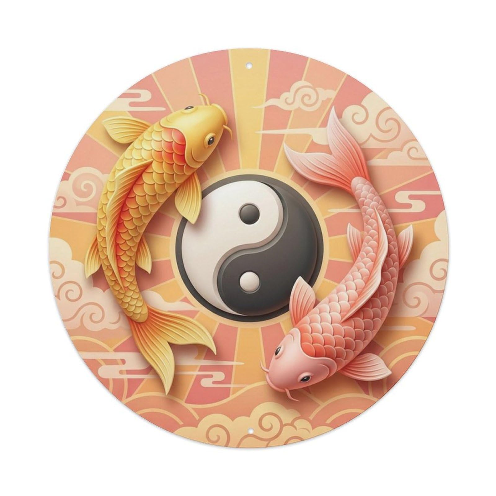 Japanese Koi Symbol Sunrise Yin Yang Energy Metal Tin Sign Plaque Wall Decor for Cafe, Man Cave, Club Bar, Office, Home Garden Round Metal Poster 8x8Inch