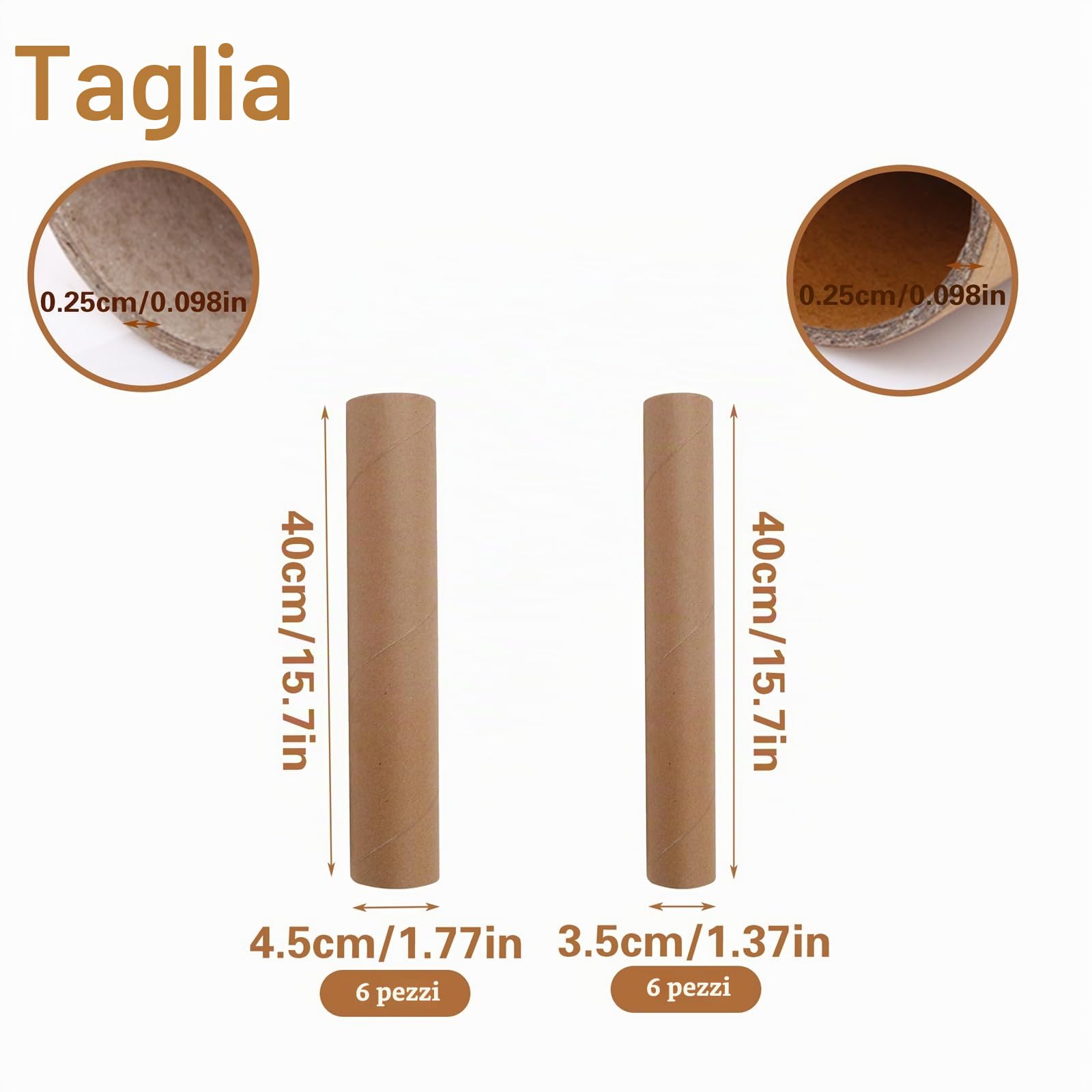 12 pezzi Tubi di cartone per rotolo di carta marrone 40x3,5cm e 40x4,5cm Cardboard Tube Craft Rolls per Fai da Te e Lavoretti d’Arte