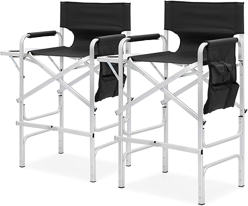Athena Collection Silla de director de 44.5 pulgadas de alto, paquete de 2, sillas plegables para artista de maquillaje con mesa auxiliar, soporte