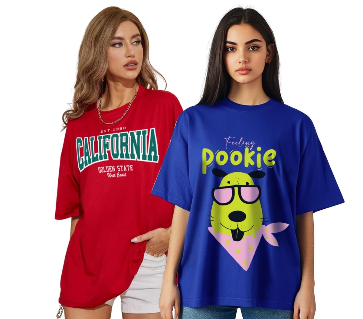 JUNEBERRY® Pack of 2, 100% Pure Cotton, Round Neck, Oversized, Loose, Baggy Fit, Drop Shoulder, Graphic Printed, Half Sl