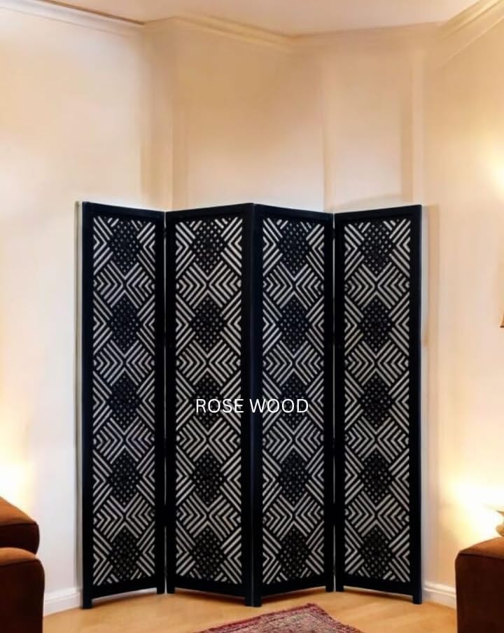Image of Wooden Room Divider 6 Feet, 4-Panel Folding Wooden Partition for Living Room, Office, Pooja Room, Restaurant, Kitchen & Balcony (2W x 1.82H Meters). (Black-Lattice Pattern)
