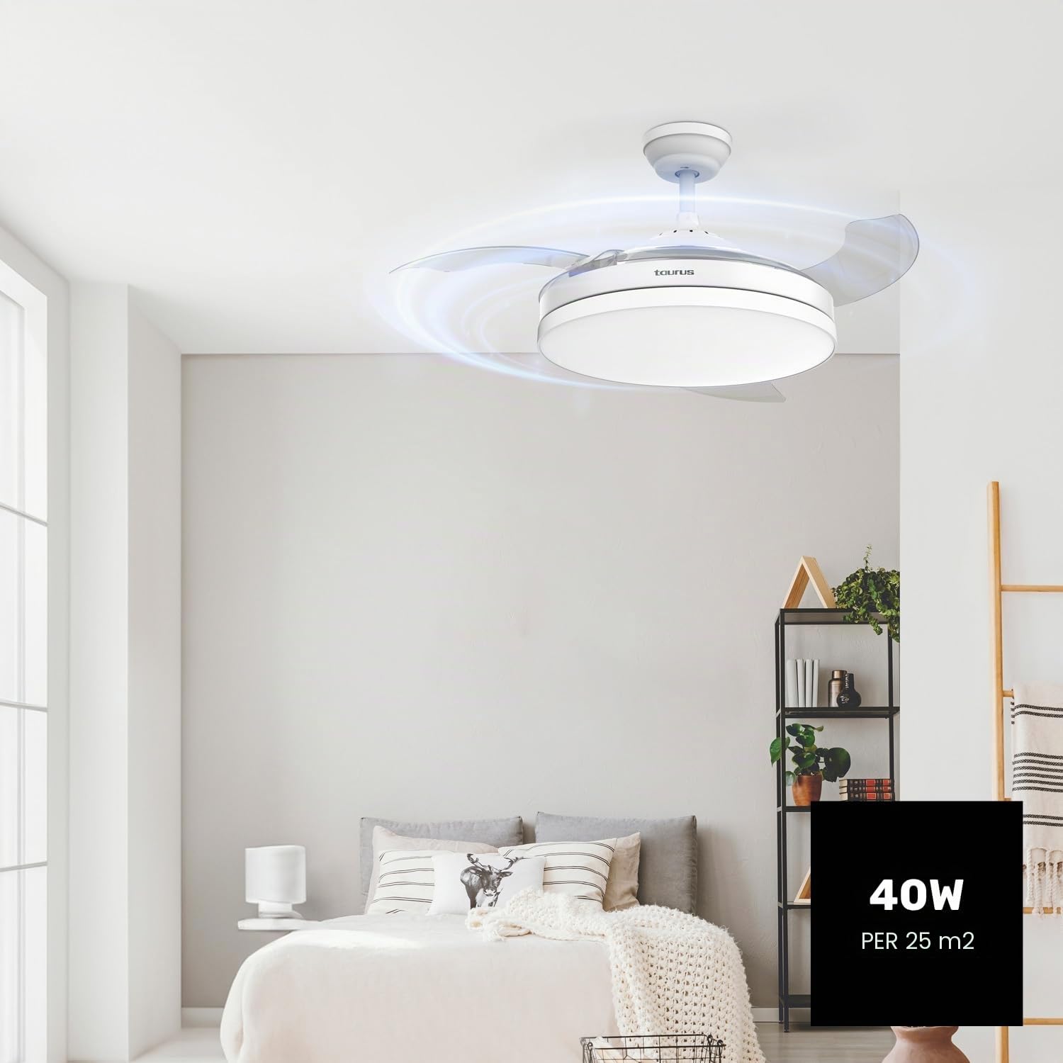 Taurus – Ventilatore da Soffitto con Luce Fresko Hide&Go | 3 Pale | Ultra silenzioso | Timer 8h | 6 Velocità | Telecomando | Programmazione | Motore DC | Bianco
