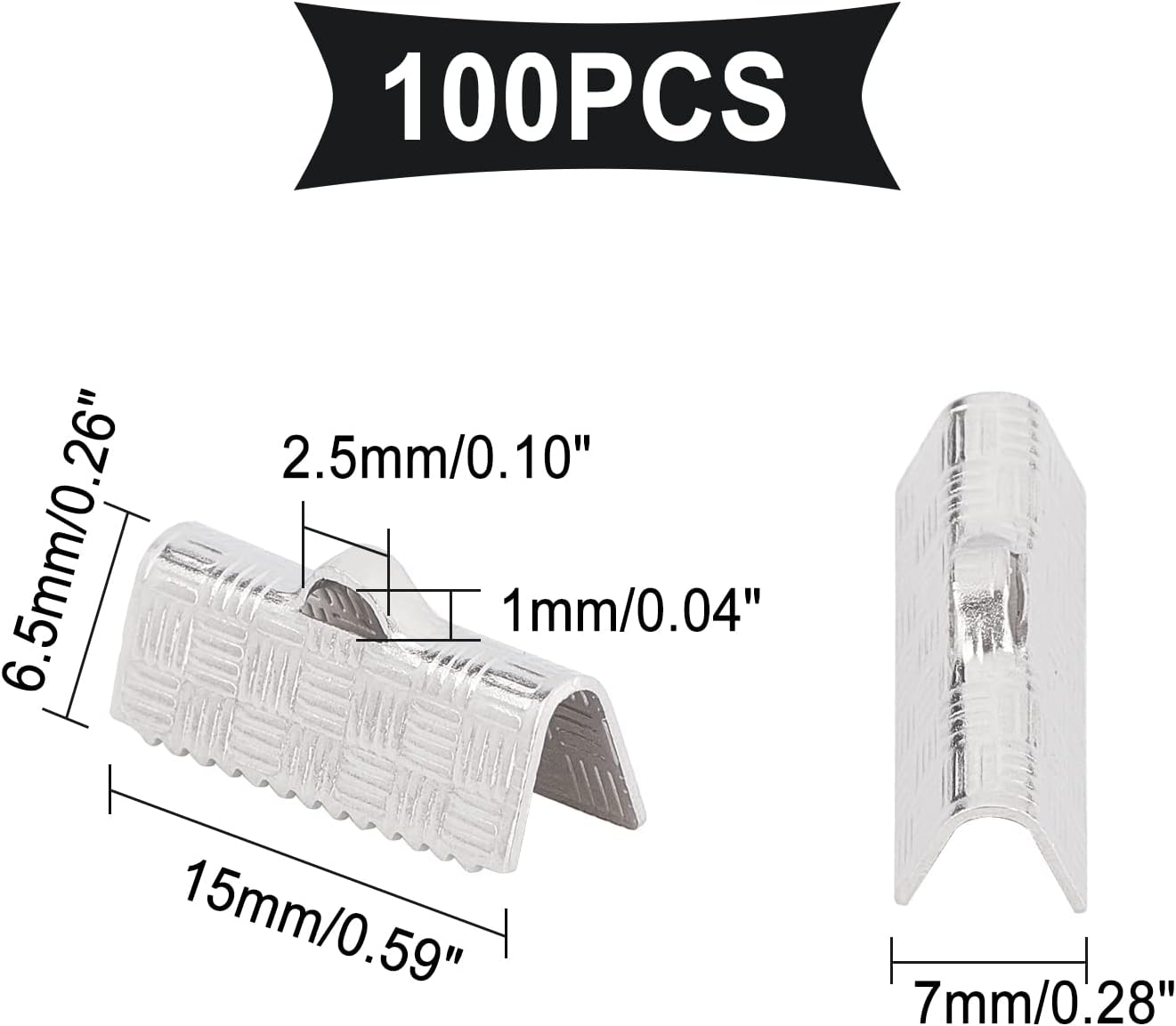 PH PandaHall 100pcs Stainless Steel Ribbon Ends Crimps with Loop Fastener for Jewelry Making (Hole: 1x2.5mm)
