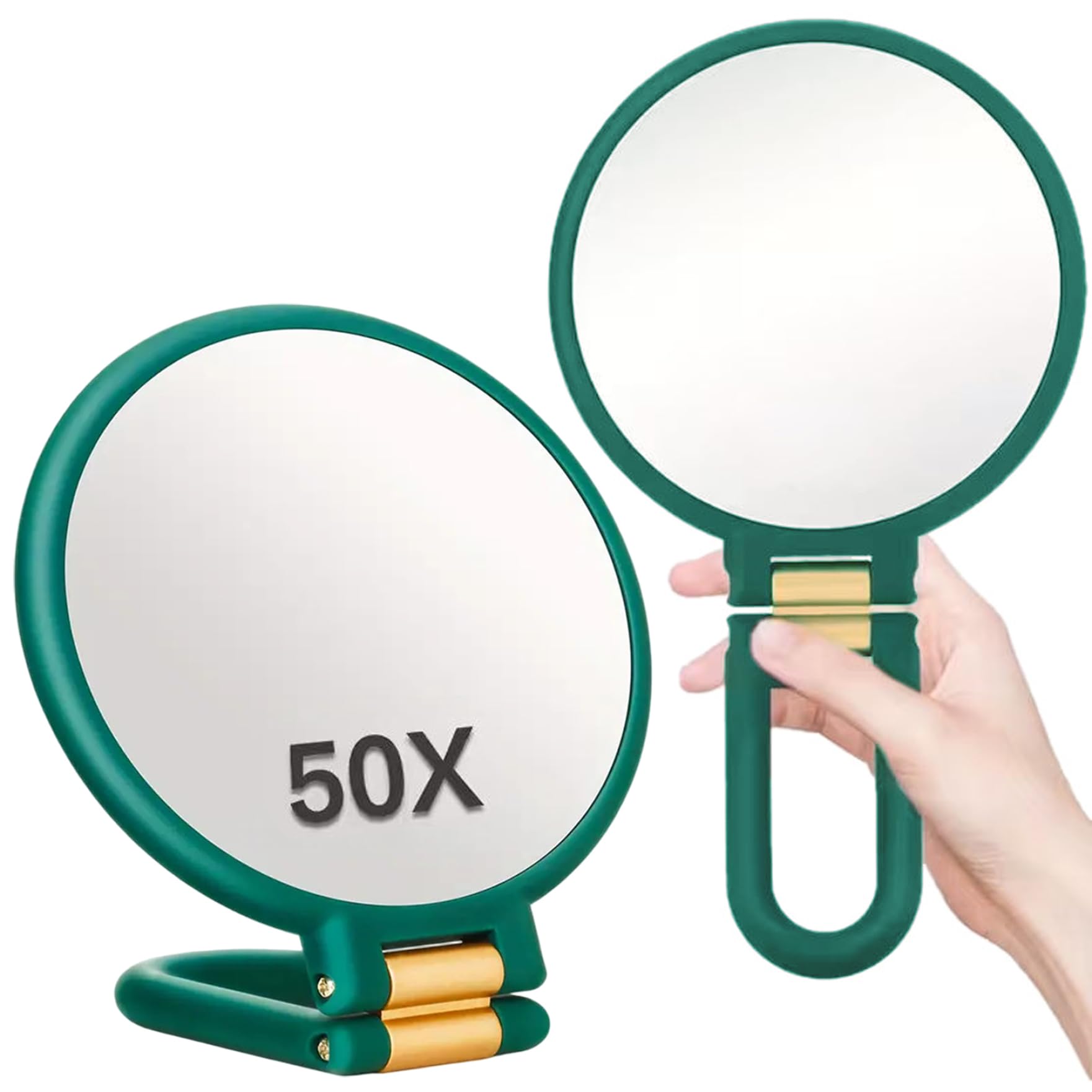 Latemeia 50X Magnifying Mirror, Double-Sided Magnifying Makeup Mirror with 360° Adjustable Handle, Handheld/Wall Mount/Tabletop Design for Makeup, Green, Decoración al aire libre