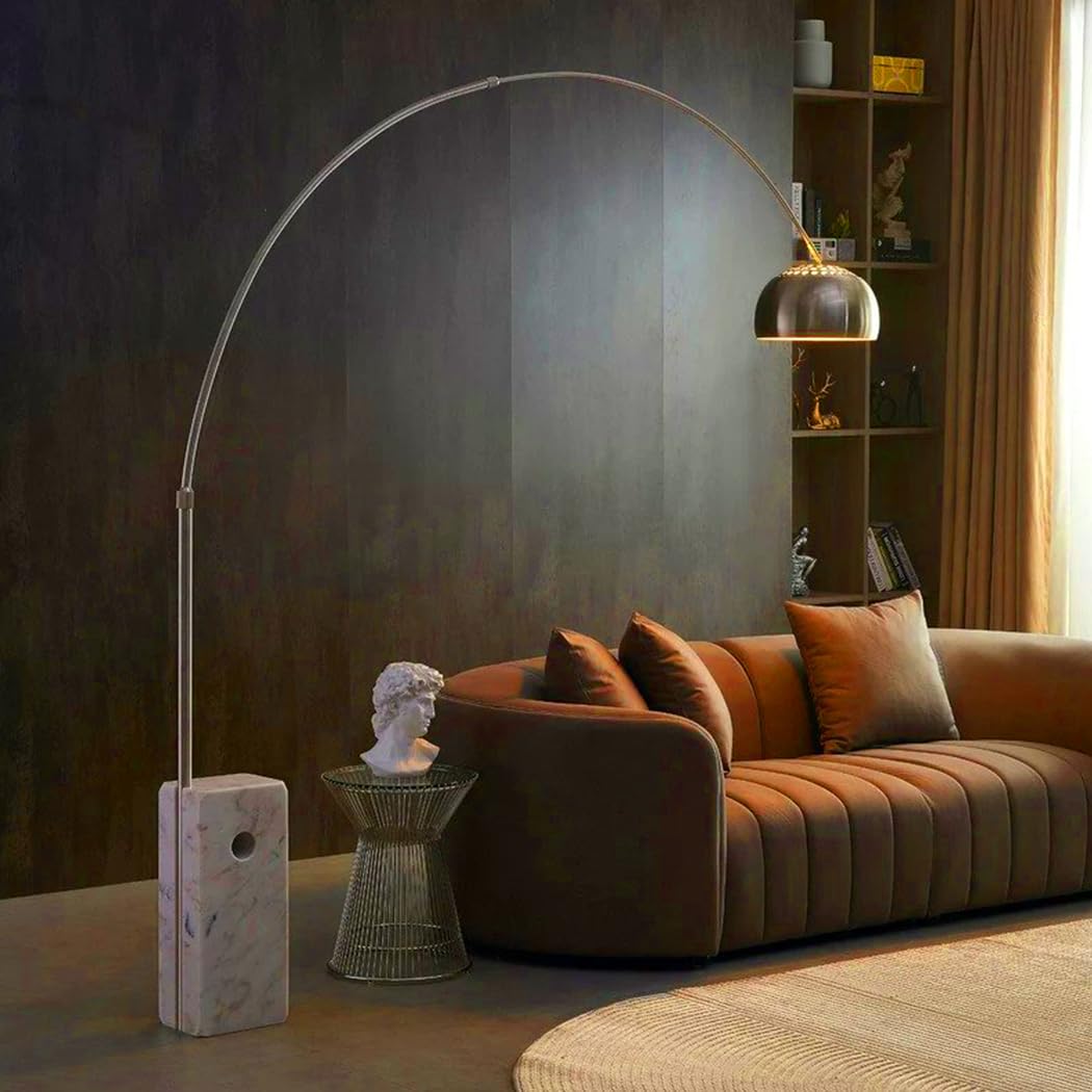 HOCC Modern Floor Lamp/Arc Floor Light, Reading Standing Lamp, Steel/Nickel Matt/Satin Adjustable Grande Stainless Steel with Italian Marble Base
