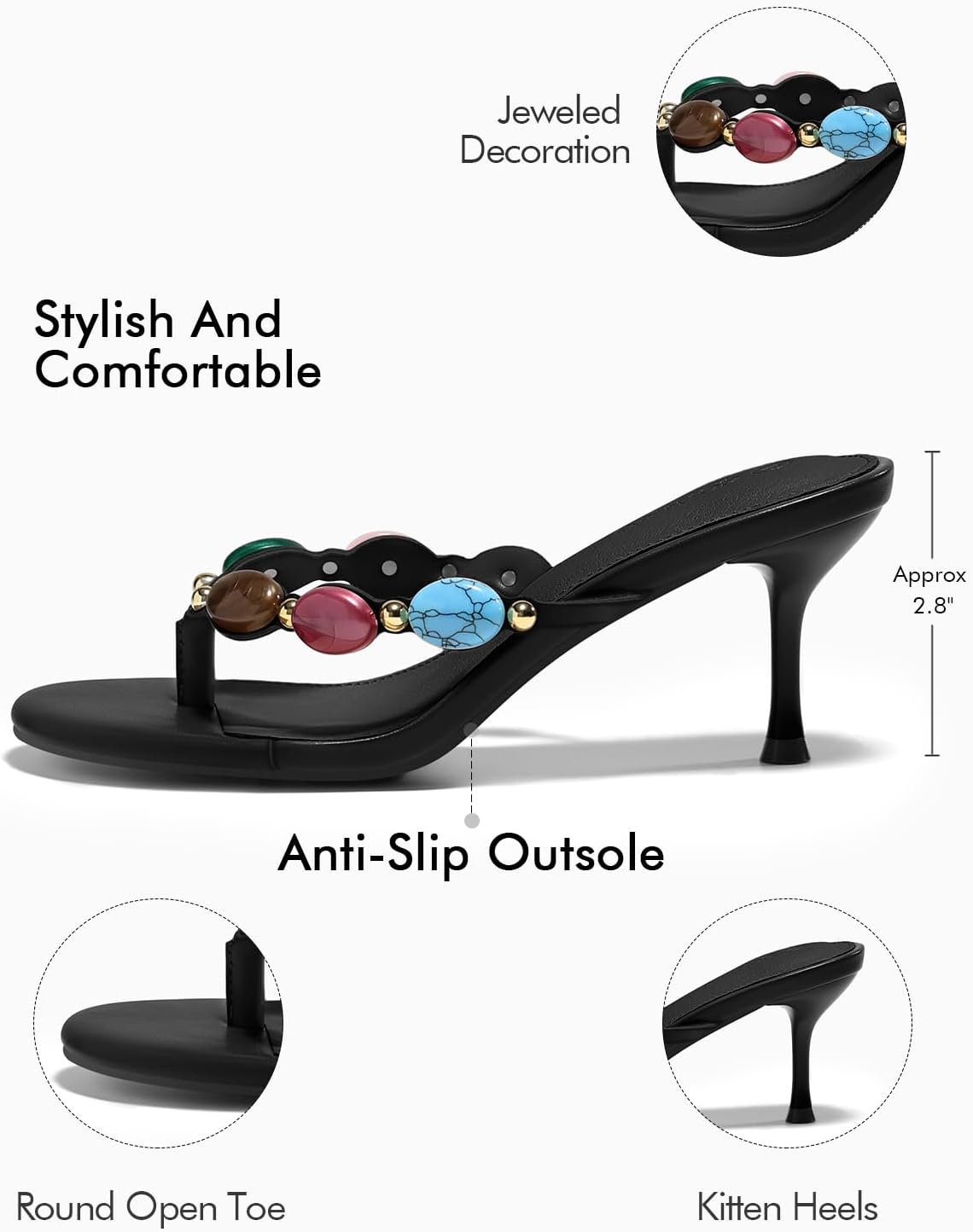 Coutgo Womens Jeweled Heeled Sandals Kitten Heel Starppy Flip Flop Backless Open Toe Slides Boho Summer Vacation Beach Shoes - Image 7
