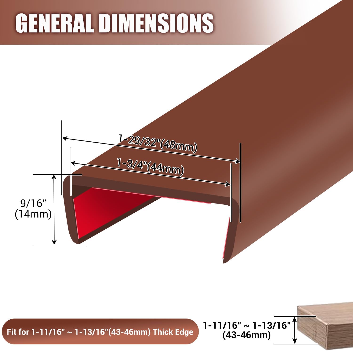 rubber edge trim, flexible self-adhesive u shaped peel and stick edge banding, 1-3/4"(44.5mm) u channel protector, edge guards for woods, furniture, 20ft, brown color fit 1-3/4" - l20' brown